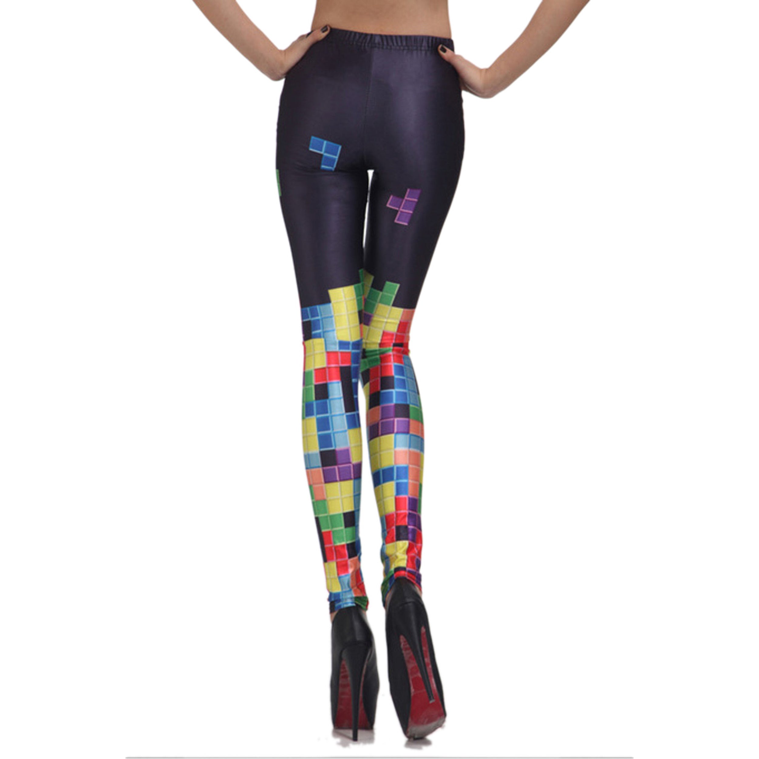 Rubberfashion Leggings Damen Tetris - Sexy Bedruckte Print Leggins Muster Strumpfhose Bunte Glanz Hüft Stretch Hose mit Aufdruck Legging für Frauen